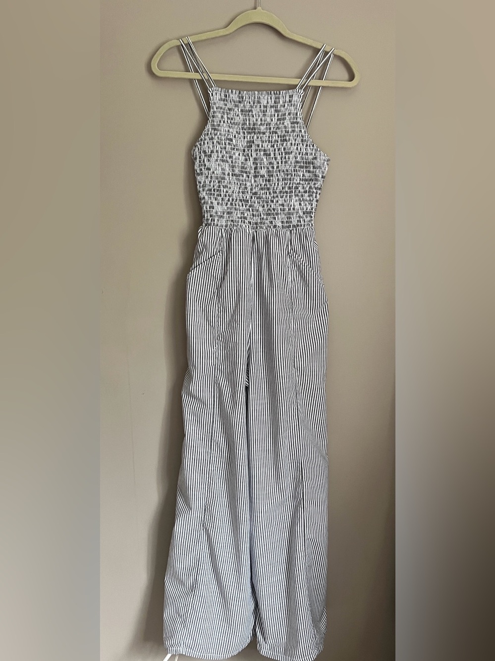 American Eagle white and grey striped wide leg tank jumpsuit size small